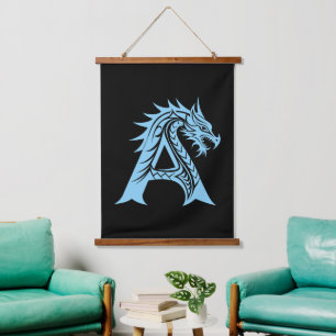 Tapiz Con Marco De Madera Letra A de estilo dragón, alfabeto de dragón, mono