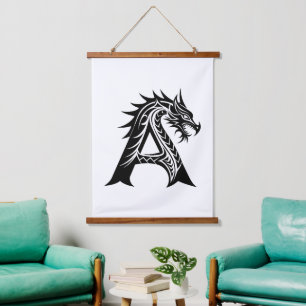 Tapiz Con Marco De Madera Letra A de estilo dragón, alfabeto de dragón, mono
