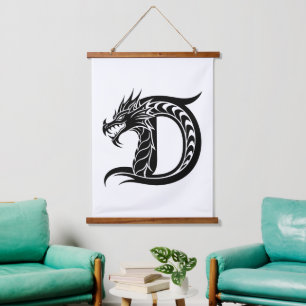 Tapiz Con Marco De Madera Letra D de estilo dragón, alfabeto de dragón, mono