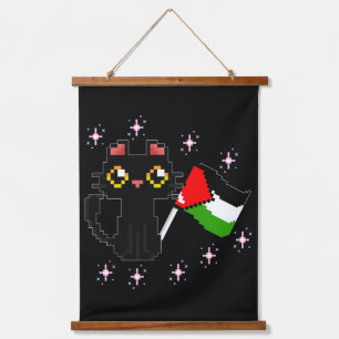 Tapiz Con Marco De Madera lindo gato negro sostiene bandera palestina