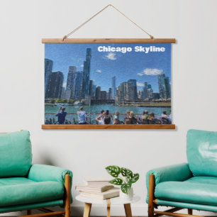 Tapiz Con Marco De Madera Línea aérea de Chicago, Illinois