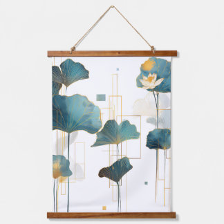 Tapiz Con Marco De Madera Línea minimalista Ginkgo Lotus Zen