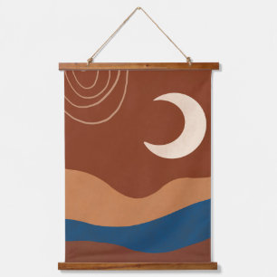 Tapiz Con Marco De Madera Líneas de Luna Boho Paisaje Terracota Beige Azul