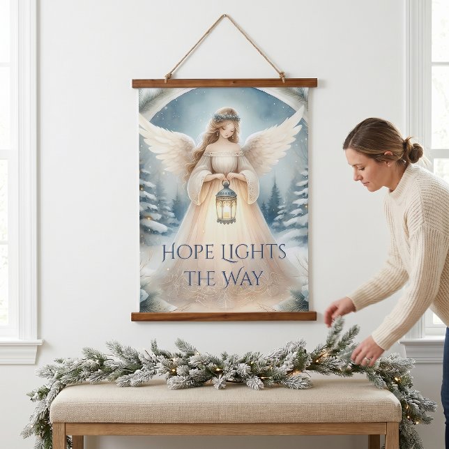 Tapiz Con Marco De Madera Linterna angelical celestial de invierno de gracia (Celestial Winter Angel Lantern of Grace Hanging Tapestry)