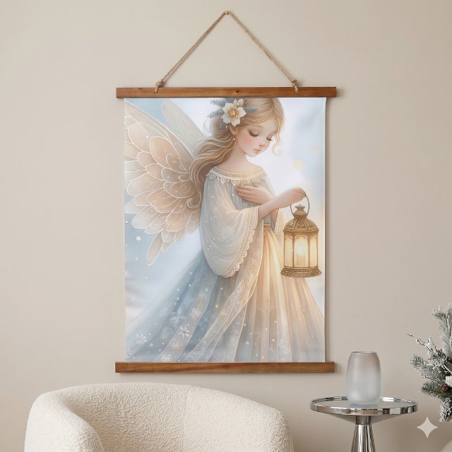 Tapiz Con Marco De Madera Linterna de Ángel Invernal Celestial de Consuelo (Celestial Winter Angel Lantern of Comfort Hanging Tapestry)