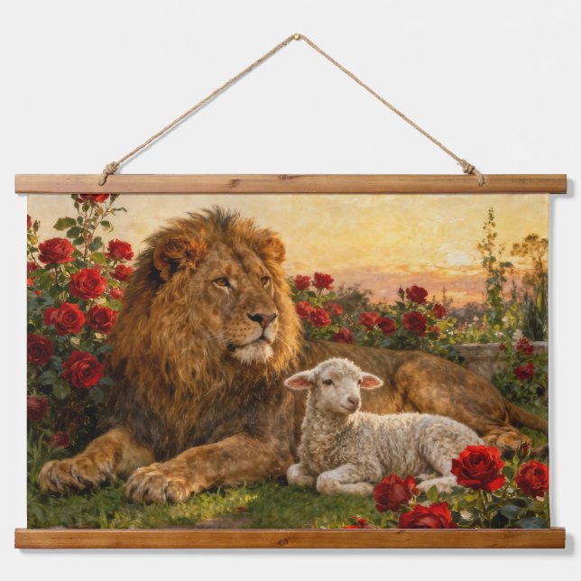 Tapiz Con Marco De Madera Lion & Lamb in the Roses (Anverso )