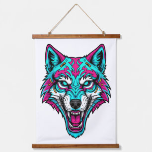 Tapiz Con Marco De Madera Lobo Neon Cyberpunk - Animal Robótico Synthwave