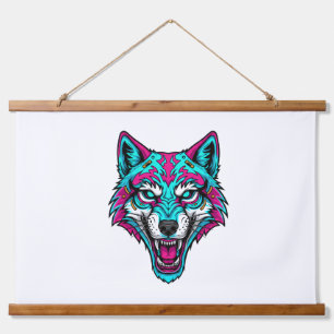 Tapiz Con Marco De Madera Lobo Neon Cyberpunk - Animal Robótico Synthwave