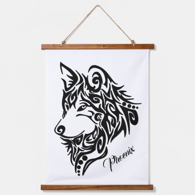 Tapiz Con Marco De Madera Lobo Tribal (Anverso)