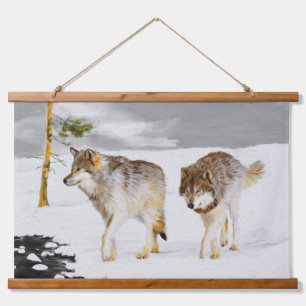 Tapiz Con Marco De Madera Lobos en pintura de nieve - Arte original de vida 
