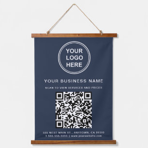 Tapiz Con Marco De Madera Logotipo comercial y código QR azul