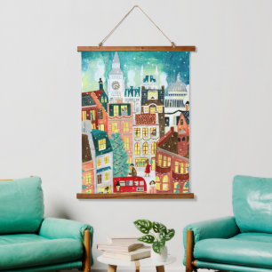 Tapiz Con Marco De Madera Londres ilustrativo ciudad en la Navidad con nieve