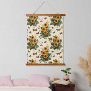 Tapiz Con Marco De Madera Los girasoles y las mariposas en amarillo claro