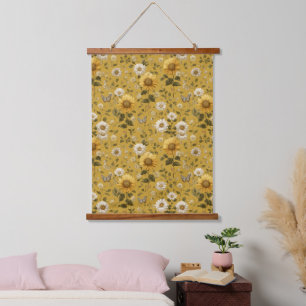 Tapiz Con Marco De Madera Los girasoles y las mariposas en fondo amarillo 1