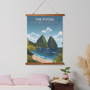 Tapiz Con Marco De Madera Los Pitons – Cartel de viaje antiguo de Santa Lucí