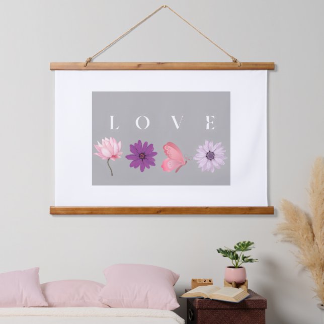 Tapiz Con Marco De Madera LOVE Floral Butterfly Wall Art – Romantic Nature (Dormitorio)