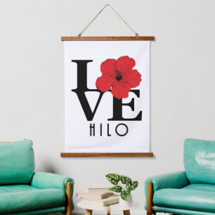 Tapiz Con Marco De Madera LOVE Hilo Hawaii Red Hibiscus