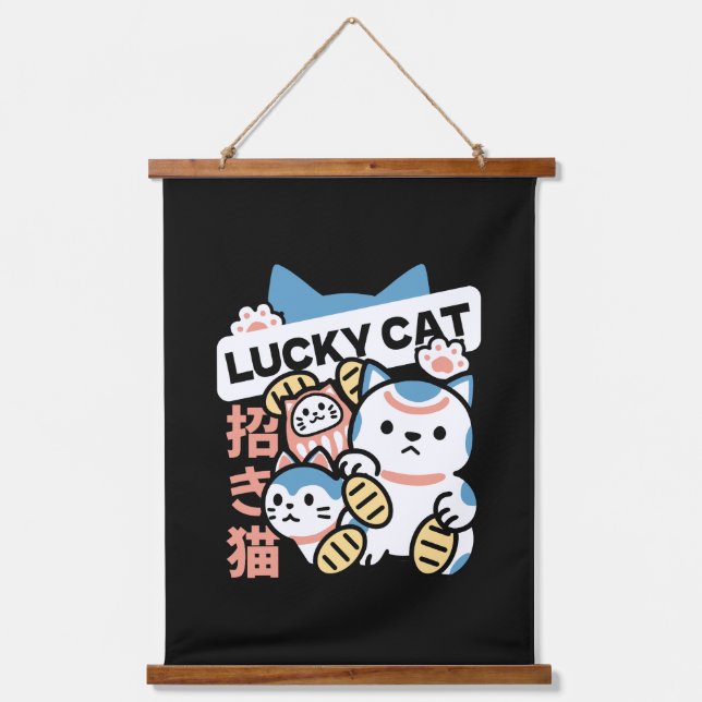 Tapiz Con Marco De Madera Lucky Cat Art – Maneki Neko with Gold Coin (Anverso)