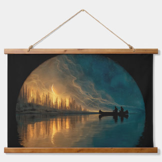 Tapiz Con Marco De Madera Luna de canoa y de media luna en un lago