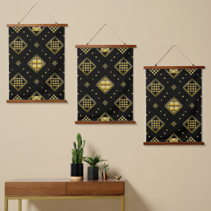 Tapiz Con Marco De Madera Luxury Gold Diamond Geometric Pattern on Black