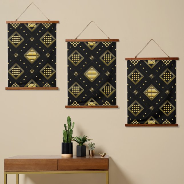Tapiz Con Marco De Madera Luxury Gold Diamond Geometric Pattern on Black (Asimétrico)