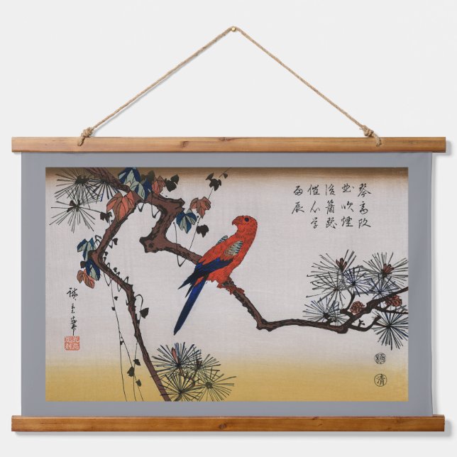 Tapiz Con Marco De Madera Macaw on Pine Branch, Hiroshige (Anverso )
