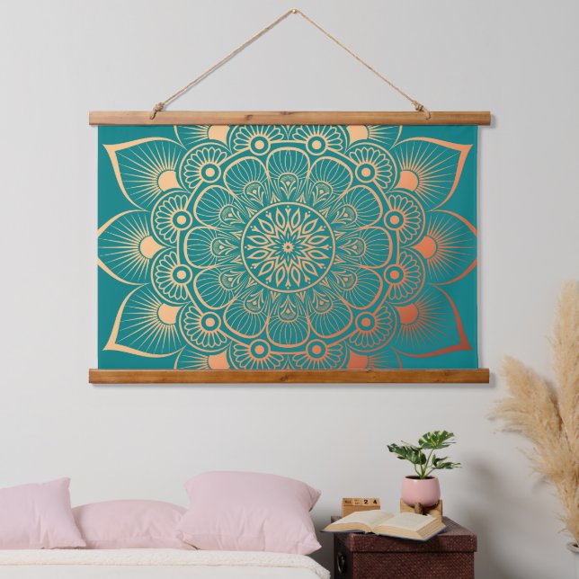 Tapiz Con Marco De Madera Madera de Mandala de Boho Turquoise (Dormitorio)