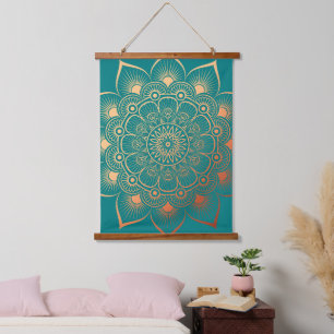 Tapiz Con Marco De Madera Madera de Mandala de Boho Turquoise