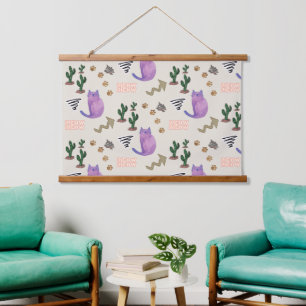 Tapiz Con Marco De Madera Madera Topada Muro Tapiz Cat Cactus Meow
