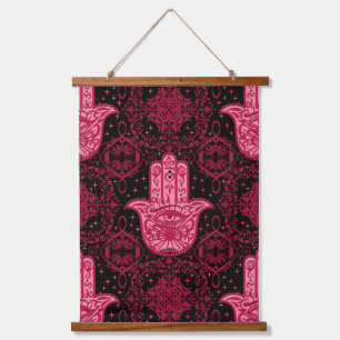 Tapiz Con Marco De Madera Magenta y Black Hamsa buenas fortunas