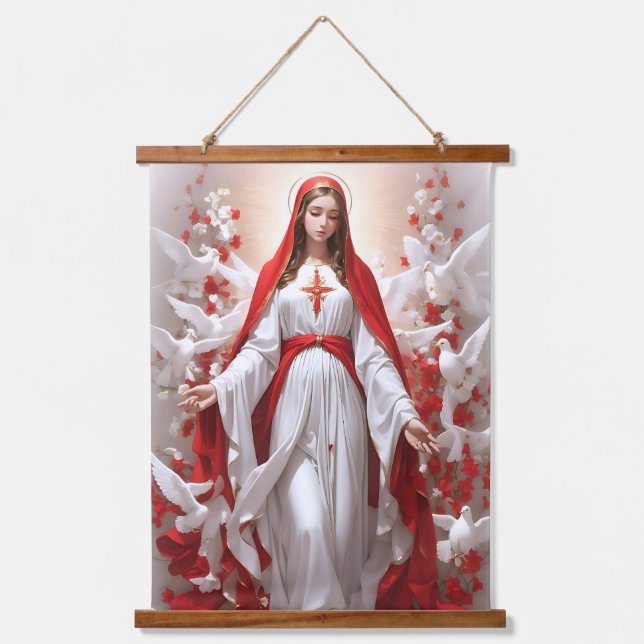 Tapiz Con Marco De Madera Magnífica Virgen María Cristiana Católica (Anverso)