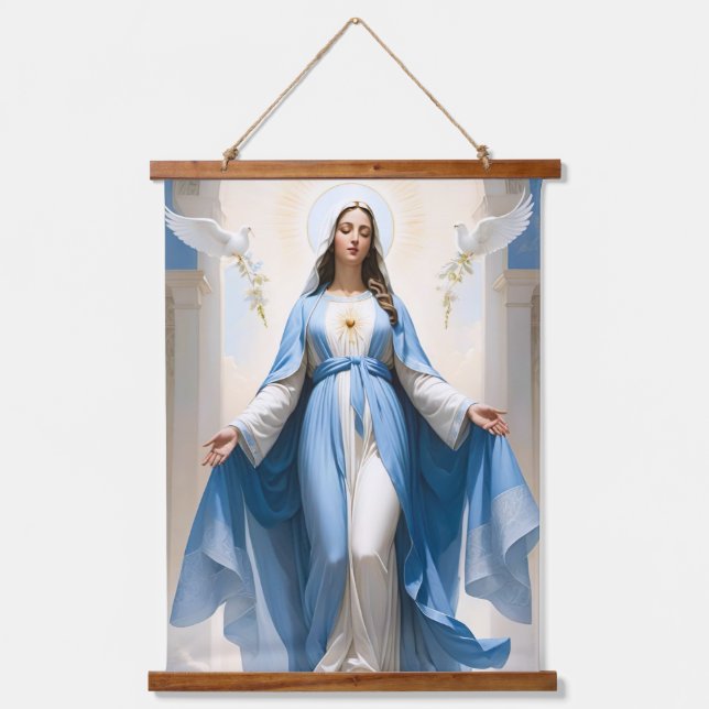 Tapiz Con Marco De Madera Magnífica Virgen María Cristiana Católica (Anverso)