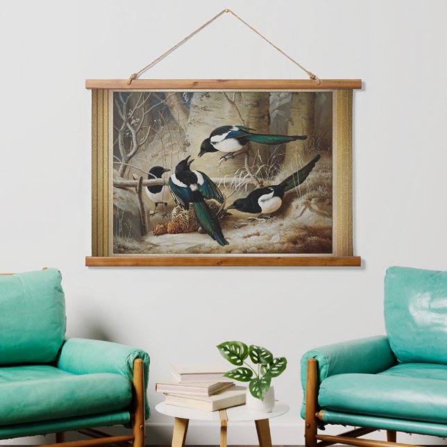 Tapiz Con Marco De Madera Magpies rodean a una capercaille muerta (Sala de estar)