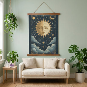 Tapiz Con Marco De Madera Majestuoso Sol Estrella Celestial Arte Místico Esp