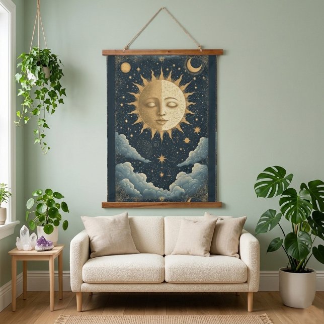 Tapiz Con Marco De Madera Majestuoso Sol Estrella Celestial Arte Místico Esp (Majestic Sun Celestial Star Mystical Art Spiritual Hanging Tapestry)