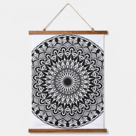 Tapiz Con Marco De Madera mandala blanca y negra