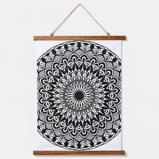 Tapiz Con Marco De Madera mandala blanca y negra (Anverso)