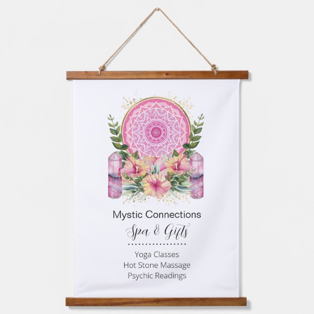 Tapiz Con Marco De Madera Mandala rosa Cristales Flores Energía Yoga Reiki S (Anverso)