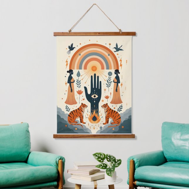 Tapiz Con Marco De Madera Mano Hamsa con ojo malvado - Protector y elegante (Sala de estar)