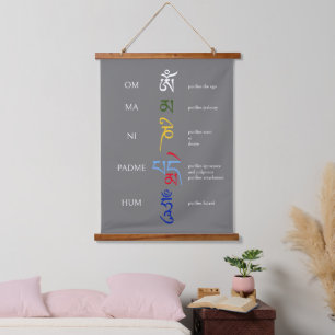 Tapiz Con Marco De Madera Mantra Budista Om Mani Padme Hum En Seis Colores