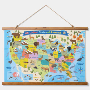 Tapiz Con Marco De Madera Mapa de animales estadounidenses para la pared inf
