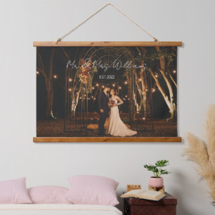 Tapiz Con Marco De Madera Mapa de fotos de boda personalizada con guión mode