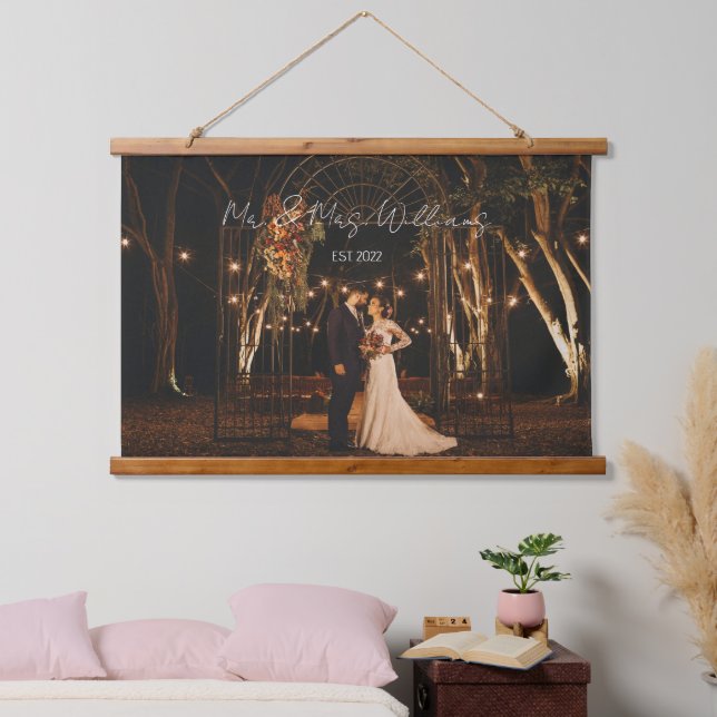 Tapiz Con Marco De Madera Mapa de fotos de boda personalizada con guión mode (Dormitorio)