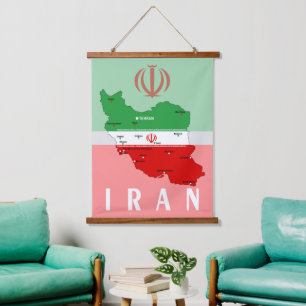 Tapiz Con Marco De Madera Mapa de Irán con bandera y emblema
