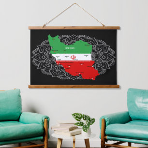 Tapiz Con Marco De Madera Mapa de Irán con bandera y emblema