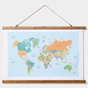 Tapiz Con Marco De Madera Mapa del mundo colorido Madera tapada tapiz de par