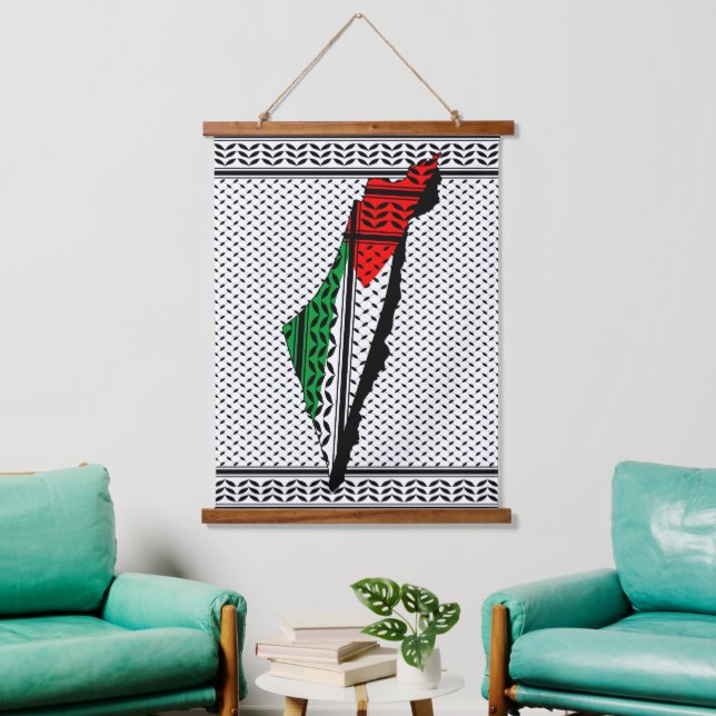 Tapiz Con Marco De Madera Mapa palestino con bandera y patrón de Keffiyeg (Sala de estar)