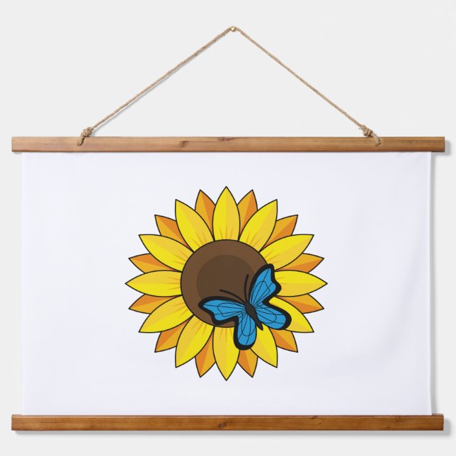 Tapiz Con Marco De Madera Mariposa azul y girasol (Anverso )