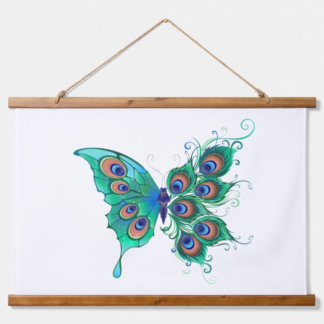 Tapiz Con Marco De Madera Mariposa con plumas de pavo real verde (Anverso )