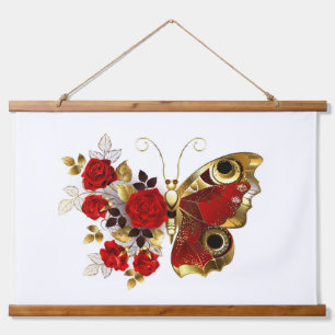 Tapiz Con Marco De Madera Mariposa de flor roja con rosas rojas